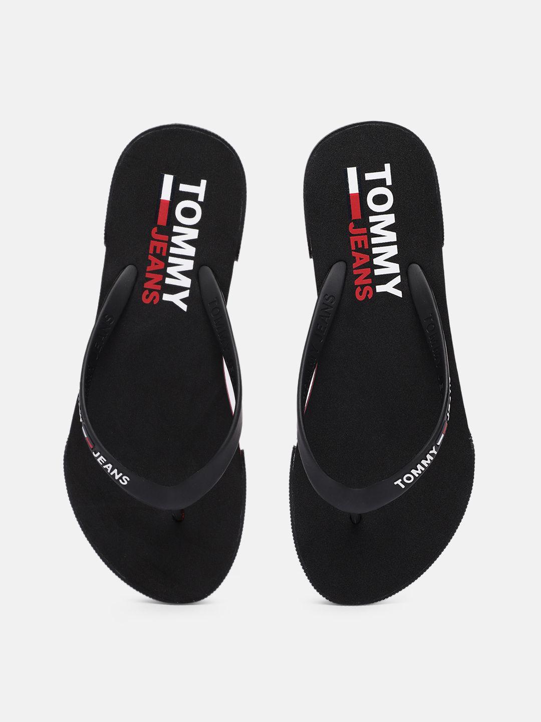 tommy hilfiger women black brand logo printed thong flip-flops