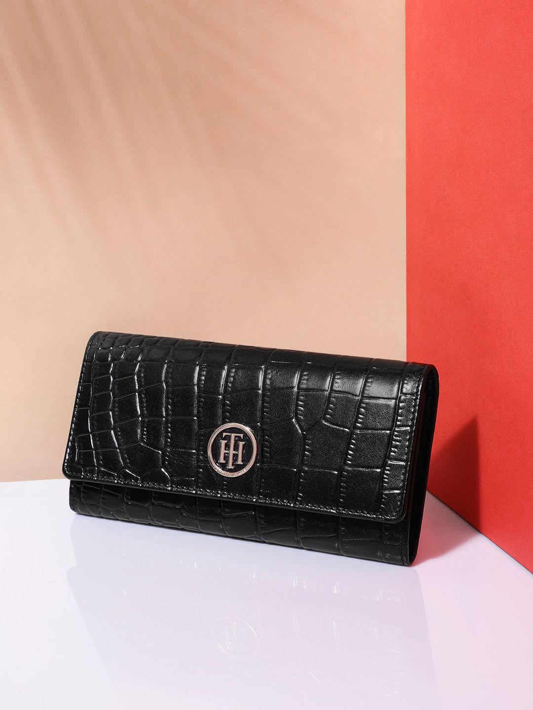 tommy hilfiger women black croc-textured leather two fold wallet