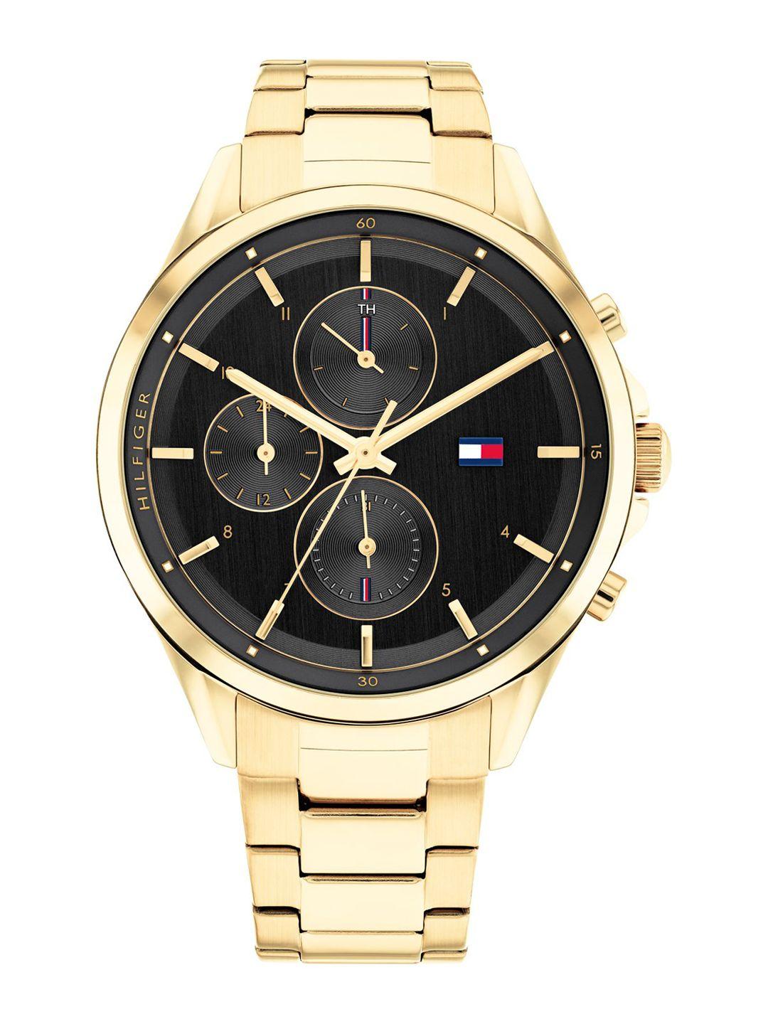 tommy hilfiger women black dial & gold-plated bracelet style analogue watch th1782423w