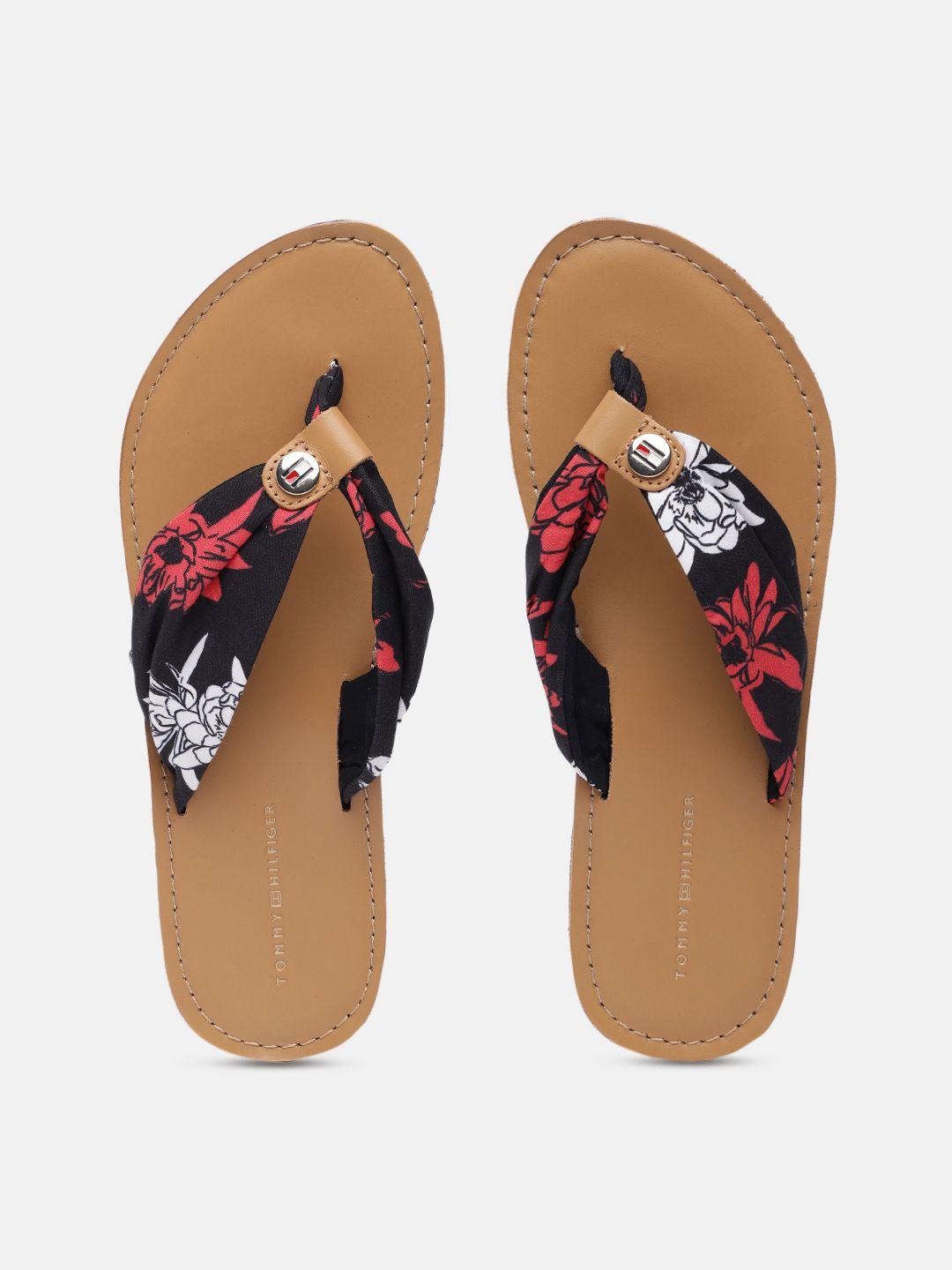 tommy hilfiger women black floral print beach thong flip-flops