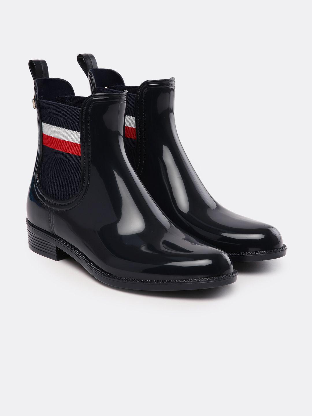 tommy hilfiger women black high-top corporate ribbon rainboot boots