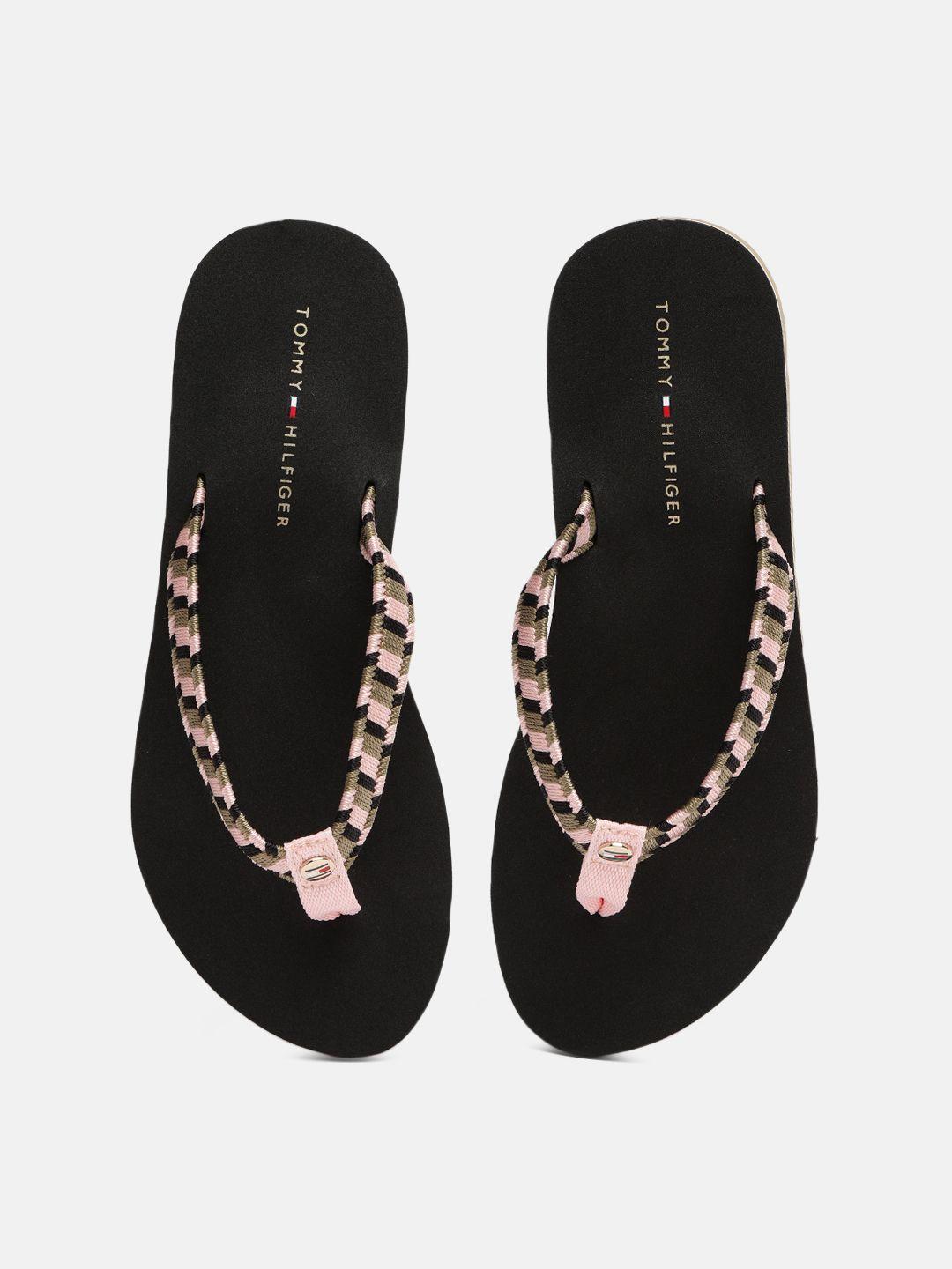 tommy hilfiger women black printed thong flip-flops