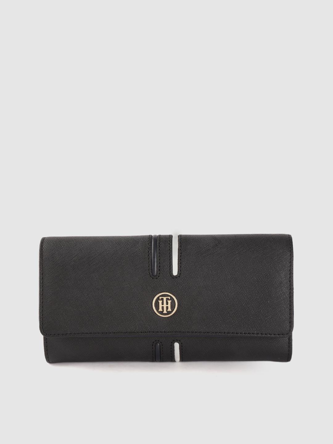 tommy hilfiger women black saffiano textured leather three fold wallet