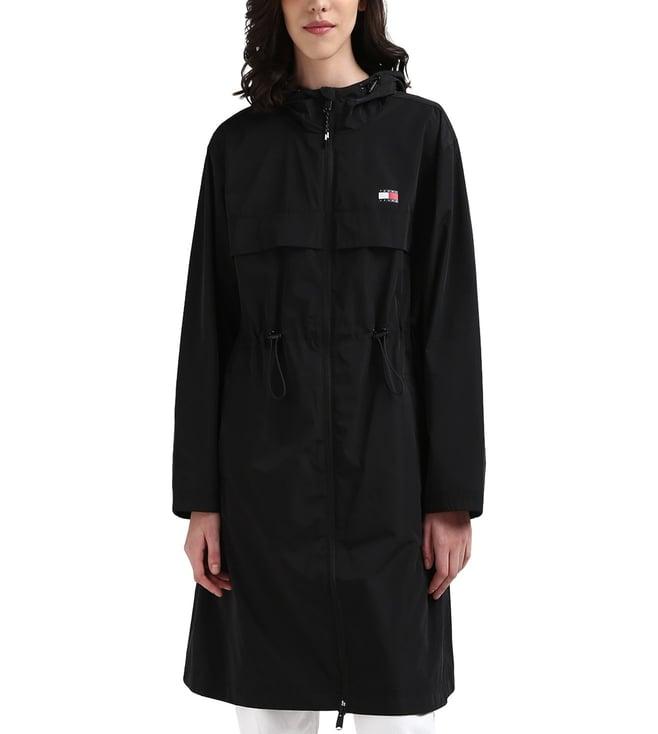 tommy hilfiger women black solid hooded knee length coat