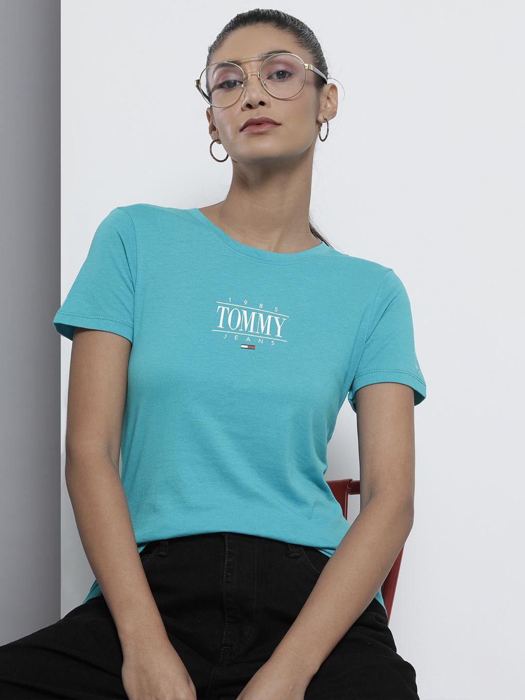 tommy hilfiger women blue & white brand logo printed slim fit t-shirt