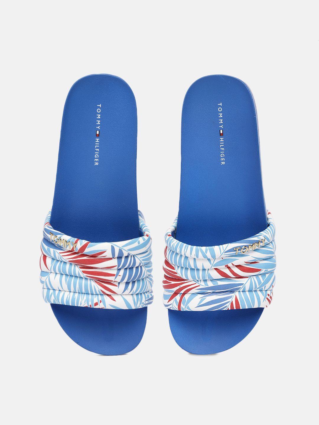 tommy hilfiger women blue & white printed sliders