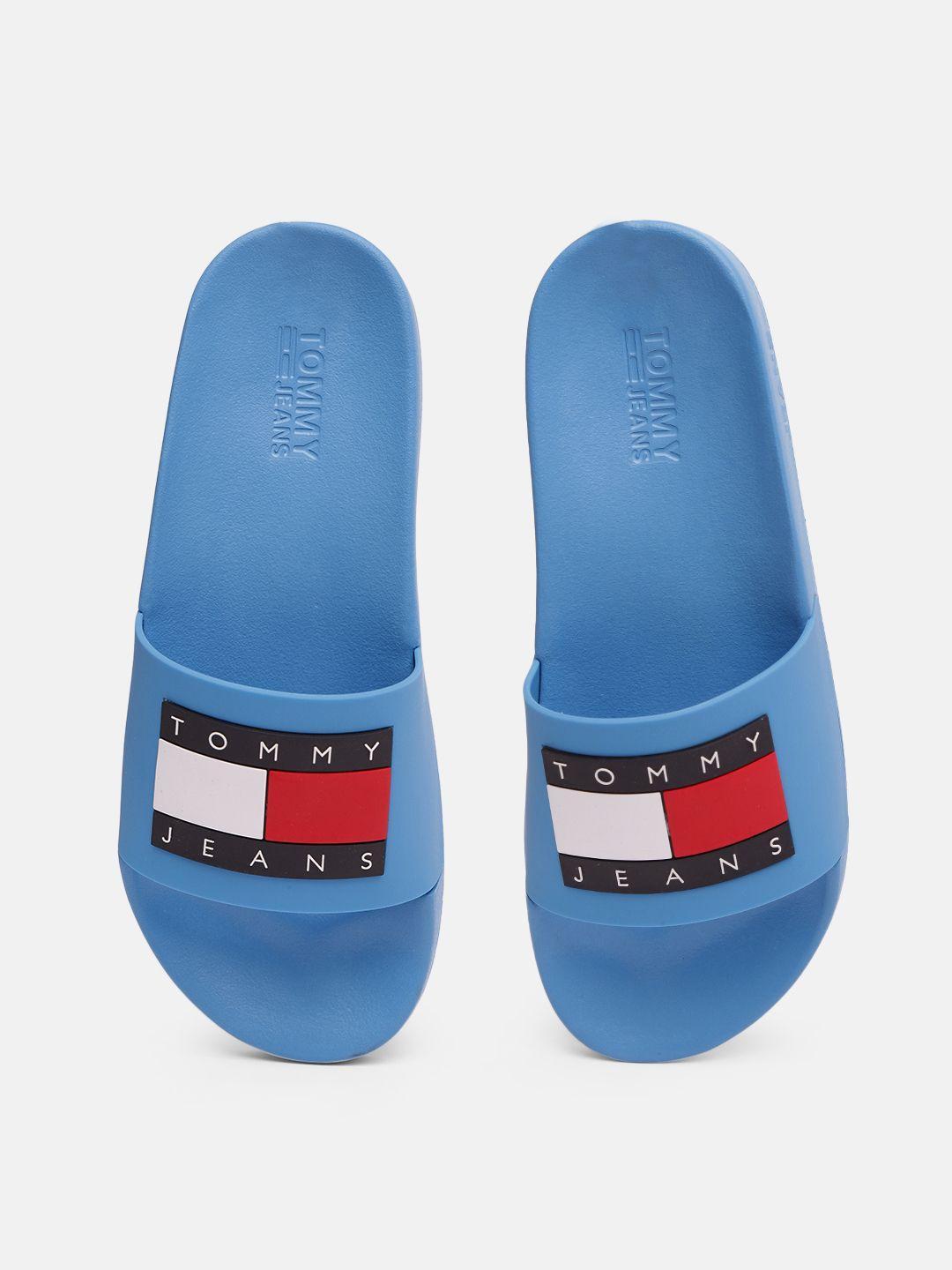 tommy hilfiger women blue brand logo printed sliders