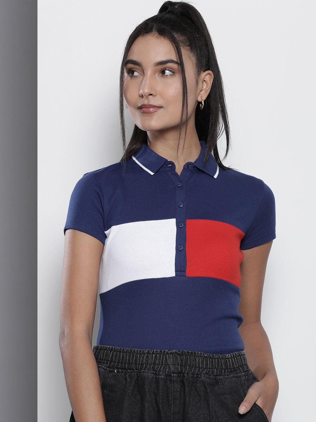 tommy hilfiger women blue colourblocked polo collar slim fit t-shirt