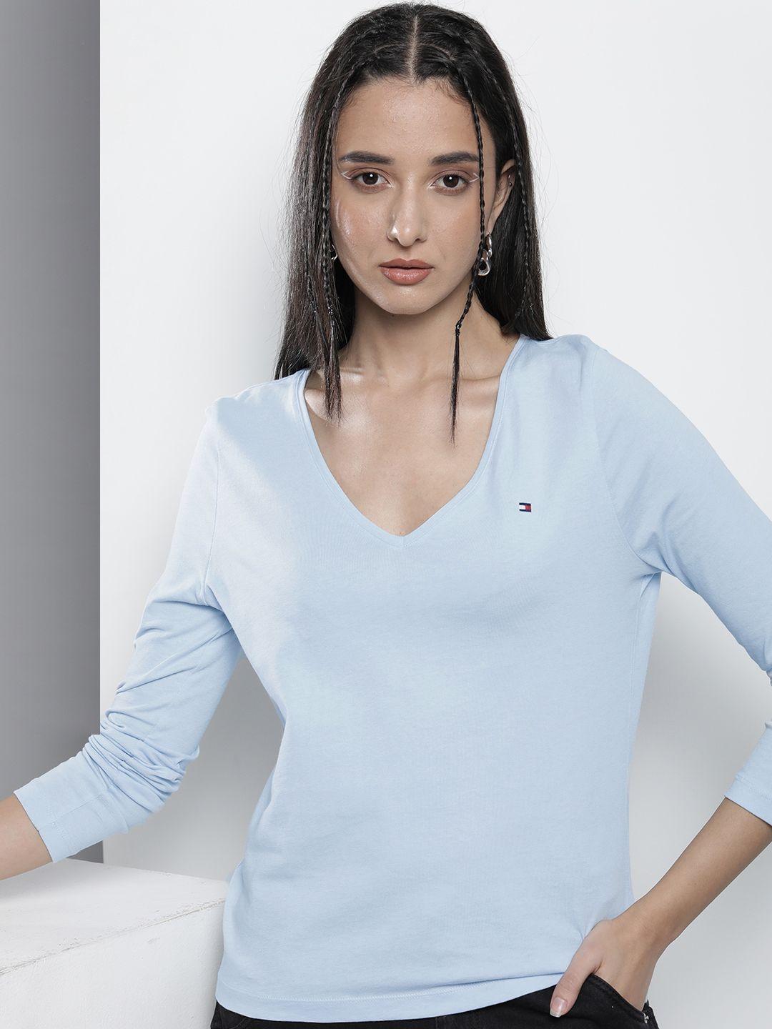 tommy hilfiger women blue solid v-neck pure cotton t-shirt