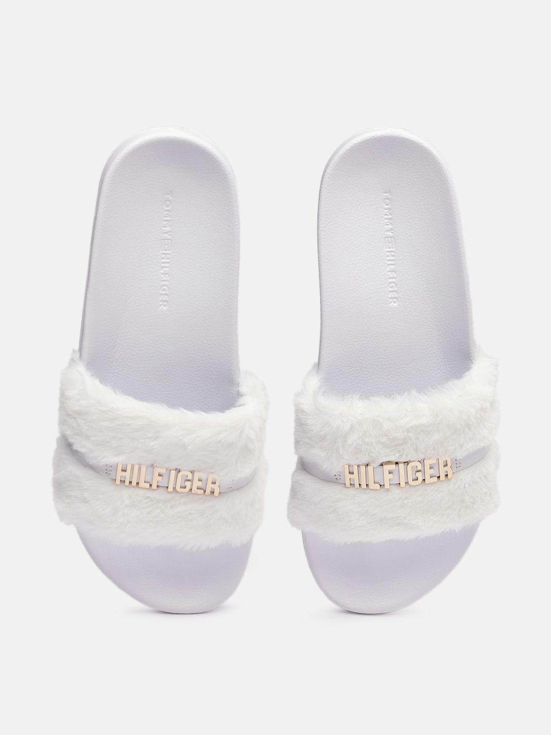 tommy hilfiger women brand logo embellished fur sliders