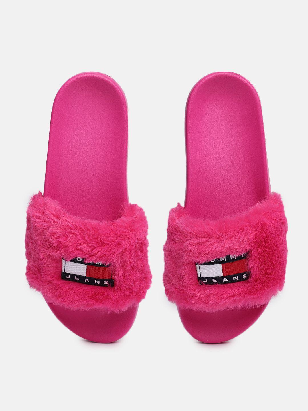 tommy hilfiger women brand logo fur sliders