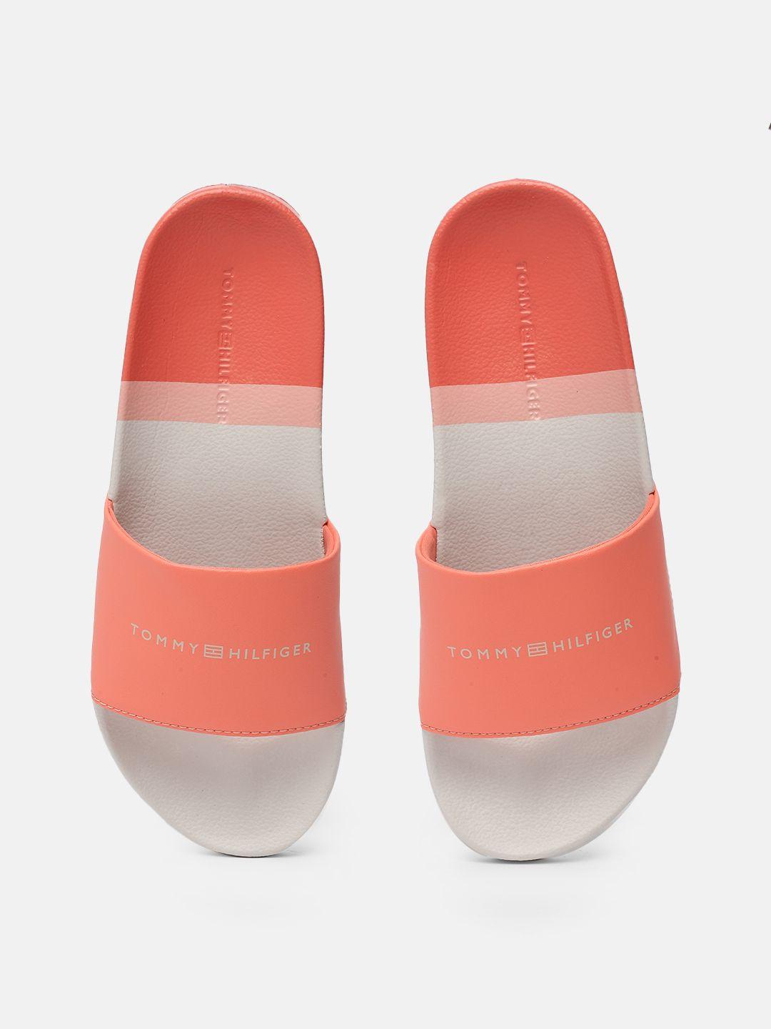 tommy hilfiger women coral red brand logo printed sliders