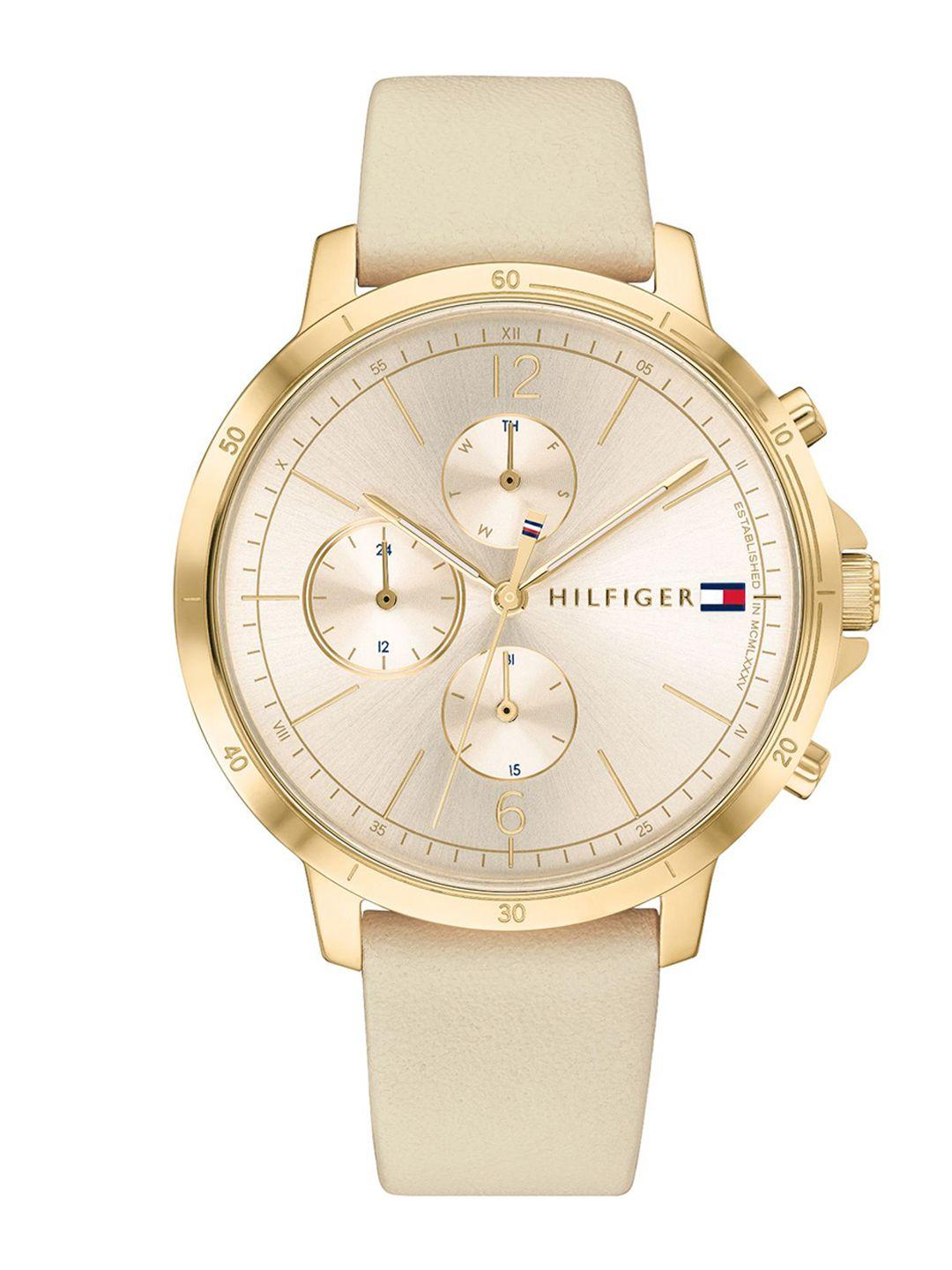 tommy hilfiger women cream-coloured dial & beige leather straps analogue watch th1782192