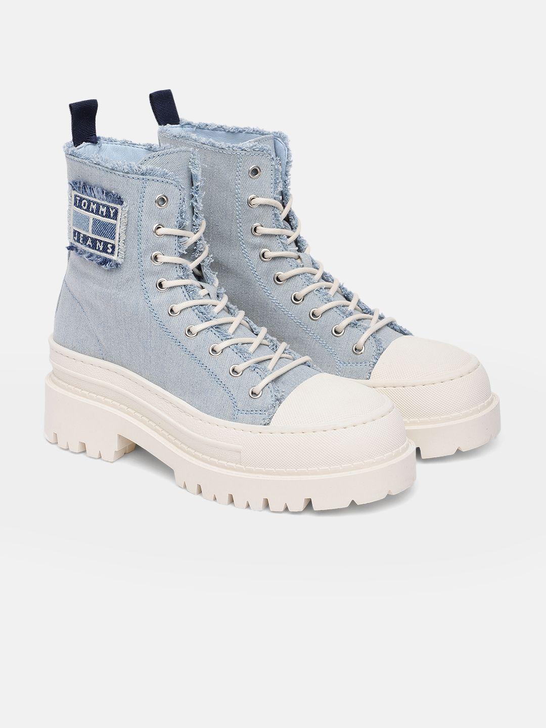 tommy hilfiger women foxing denim textured high-top low chunk boots