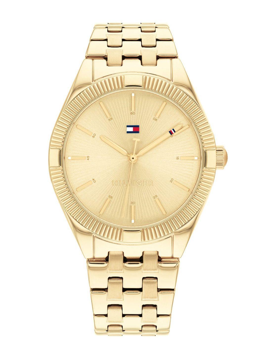 tommy hilfiger women gold solid dial & gold stainless steel wrap around analogue watch