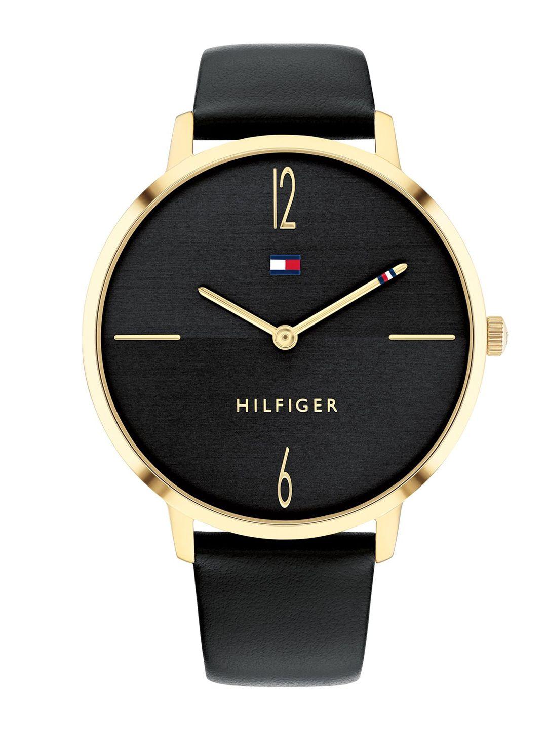 tommy hilfiger women gold-toned dial & black leather straps analogue watch