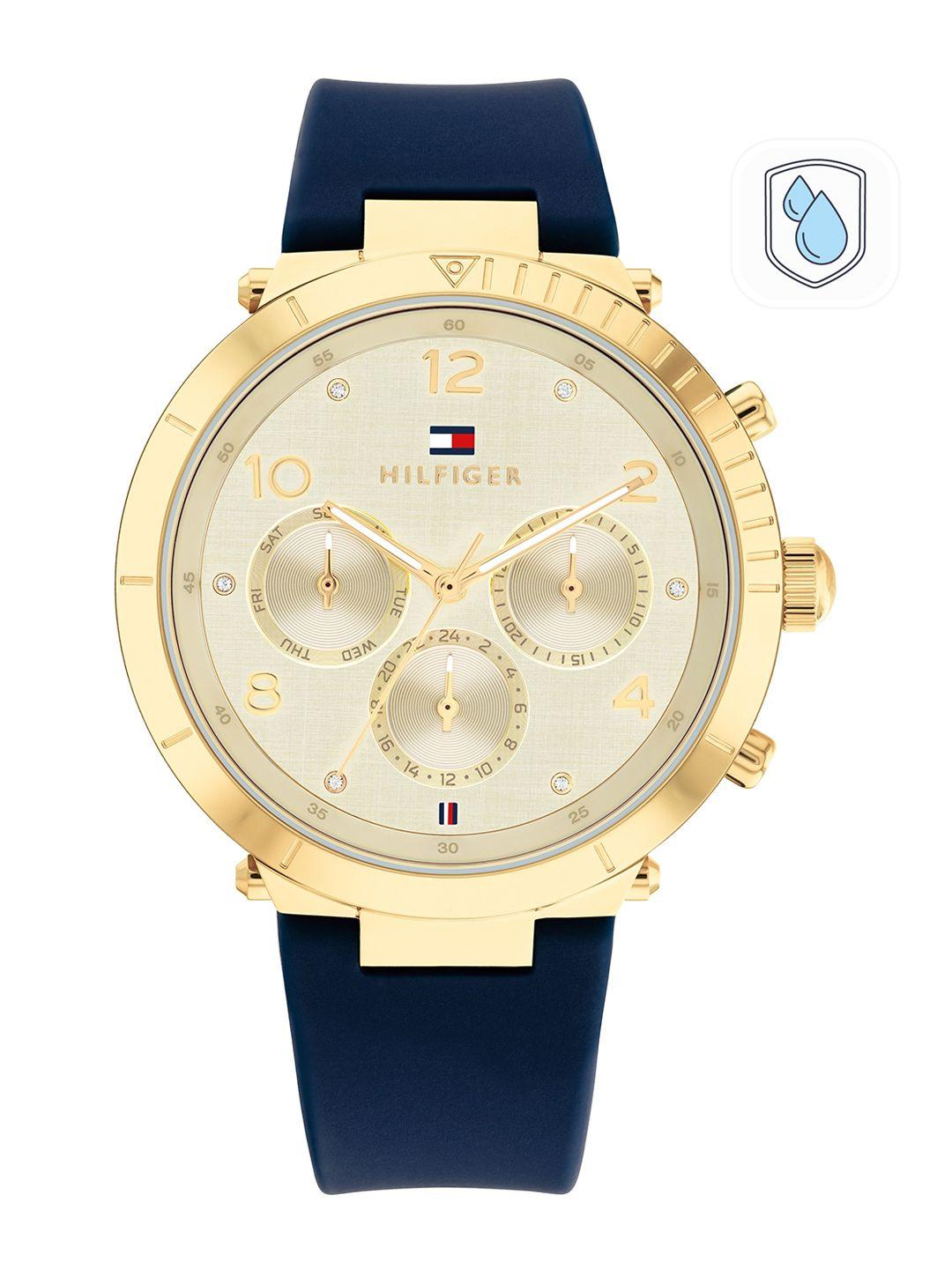 tommy hilfiger women gold-toned dial & blue leather straps analogue chronograph watch th1782491w