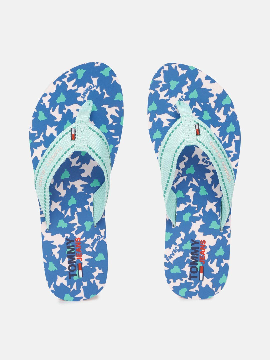 tommy hilfiger women green & white printed thong flip-flops