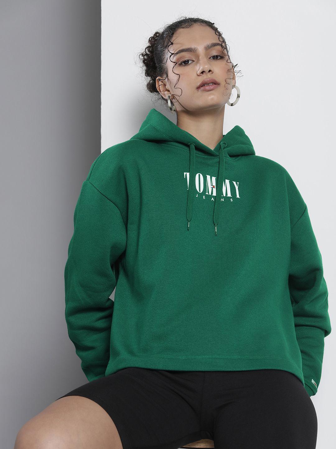 tommy hilfiger women green brand logo printed hooded sweatshirt