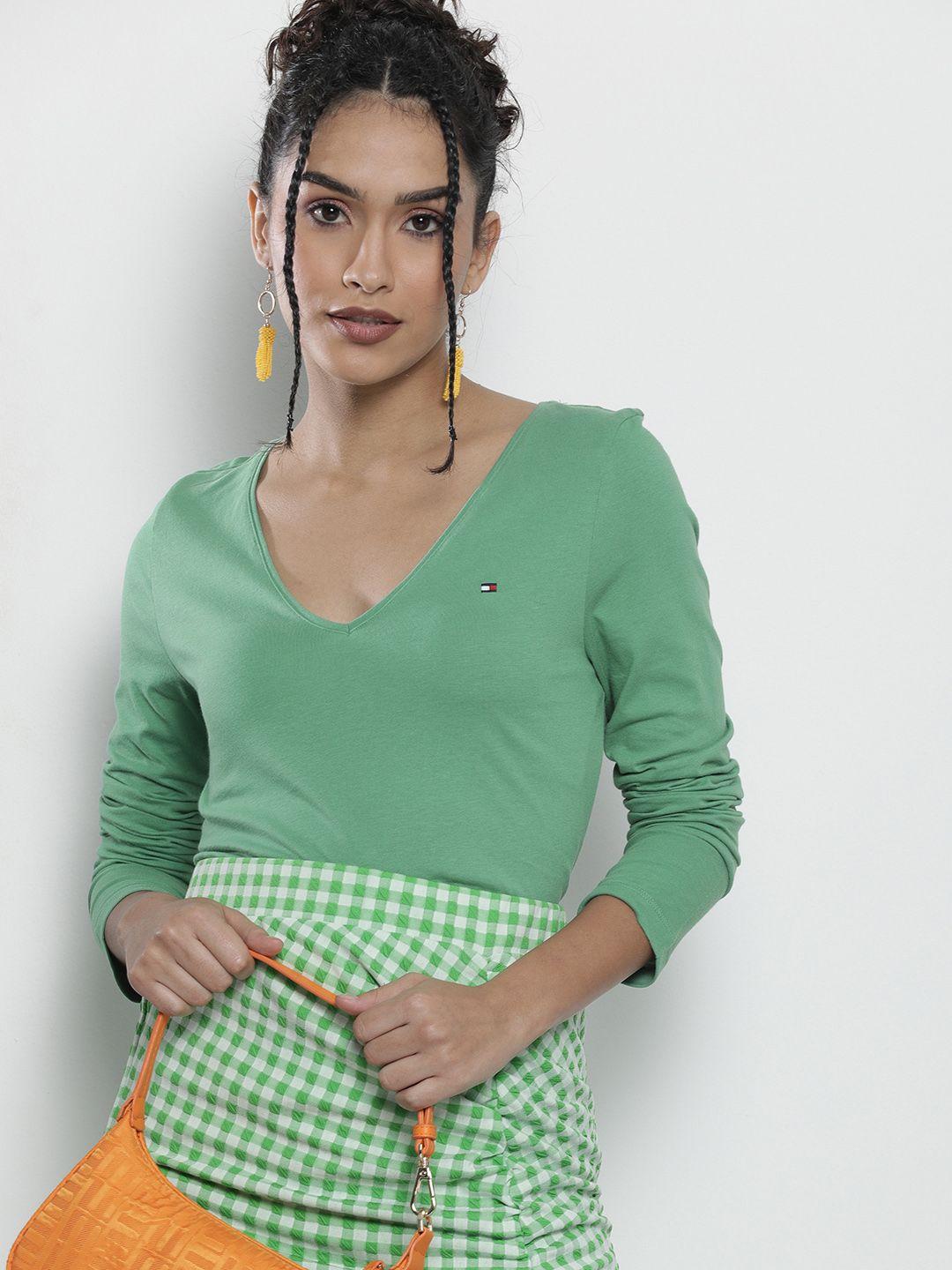 tommy hilfiger women green v-neck organic cotton pure cotton casual t-shirt