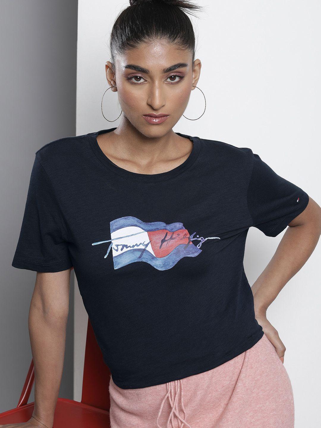 tommy hilfiger women navy blue & blue brand logo printed pure cotton  t-shirt