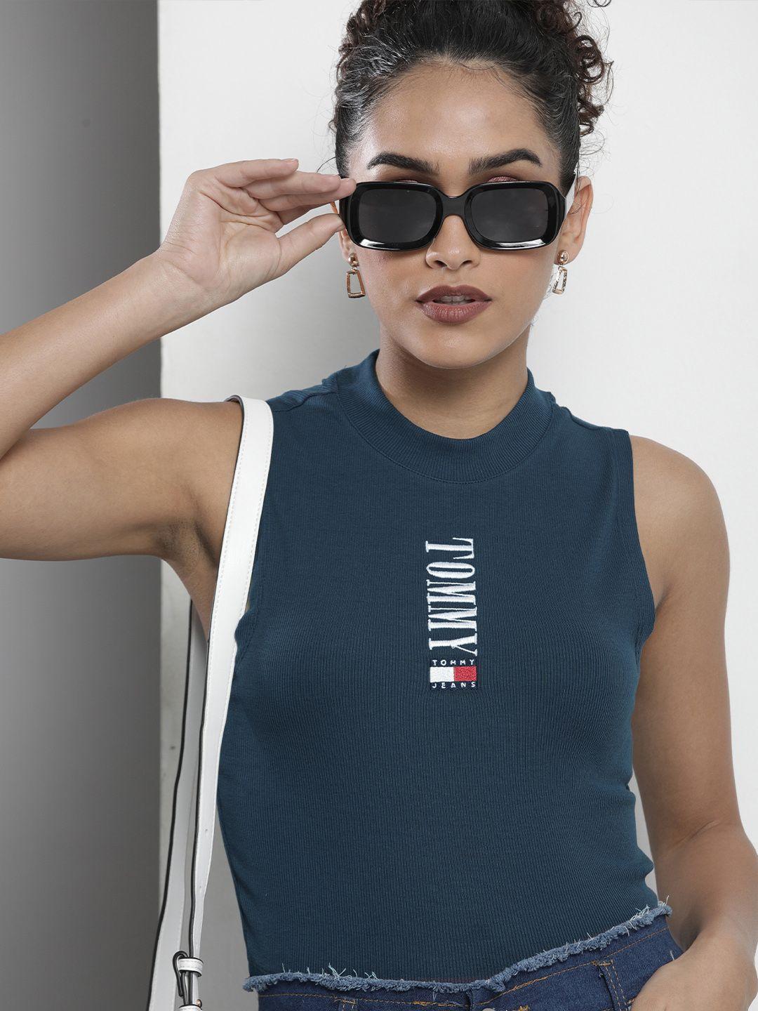 tommy hilfiger women navy blue embroidered high neck slim fit t-shirt