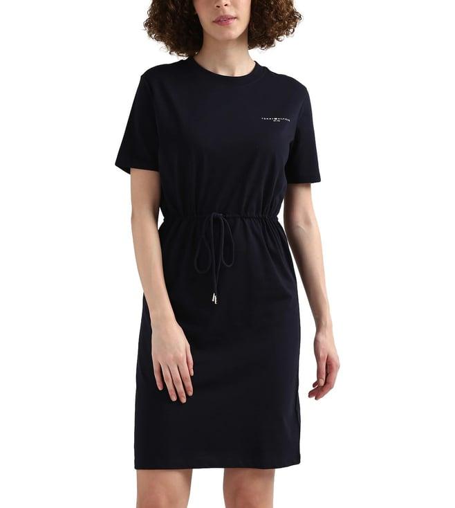 tommy hilfiger women navy blue solid round neck dress