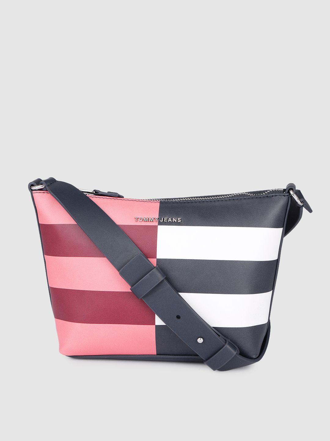 tommy hilfiger women navy blue striped structured sling bag