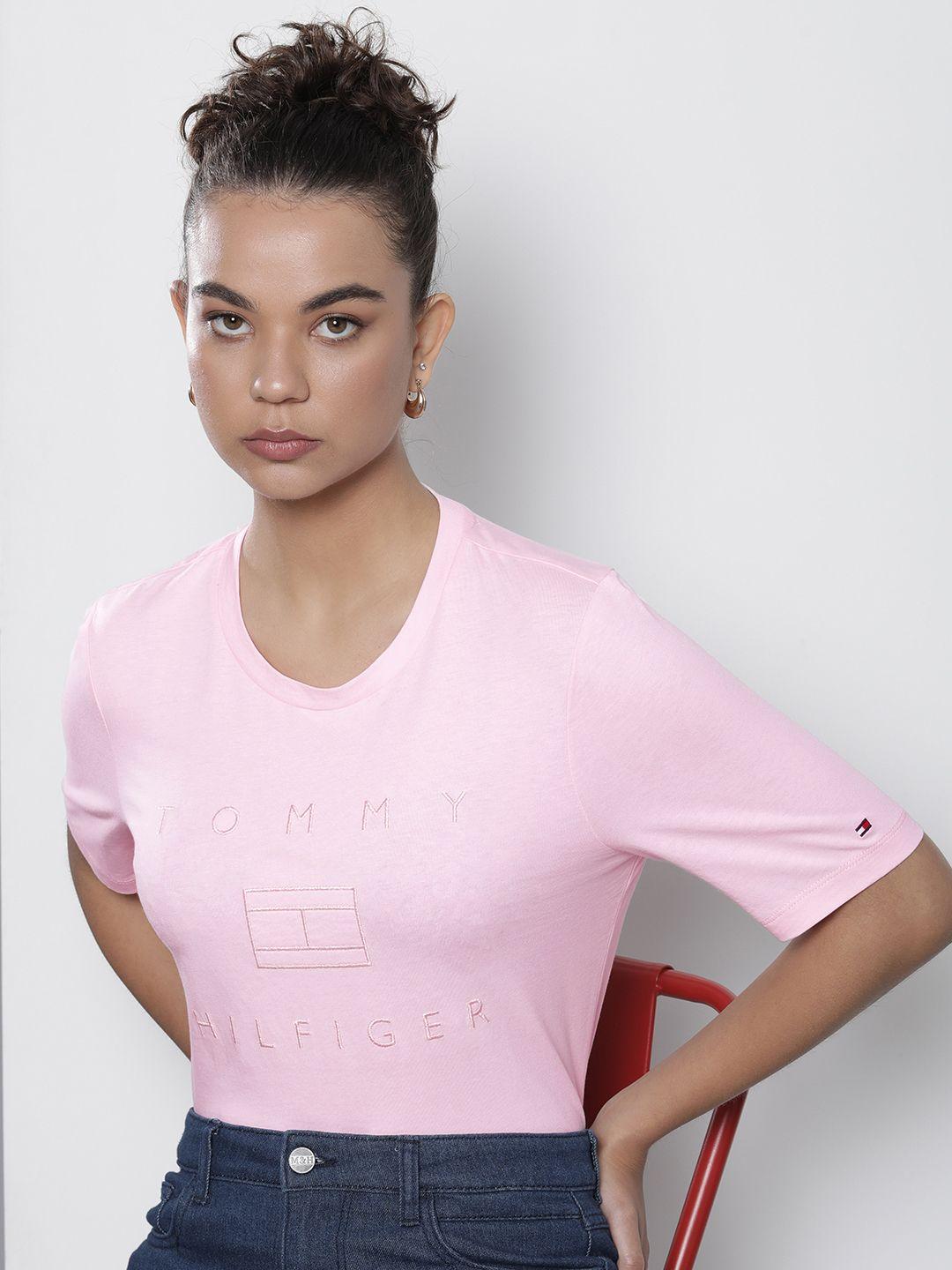 tommy hilfiger women pink brand logo printed pure cotton t-shirt