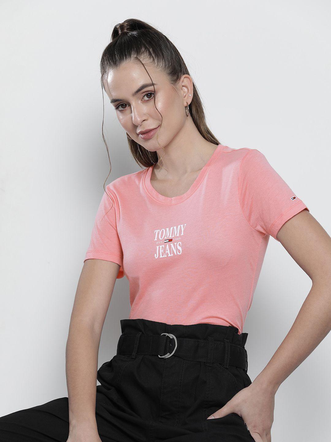 tommy hilfiger women pink brand logo printed slim fit t-shirt