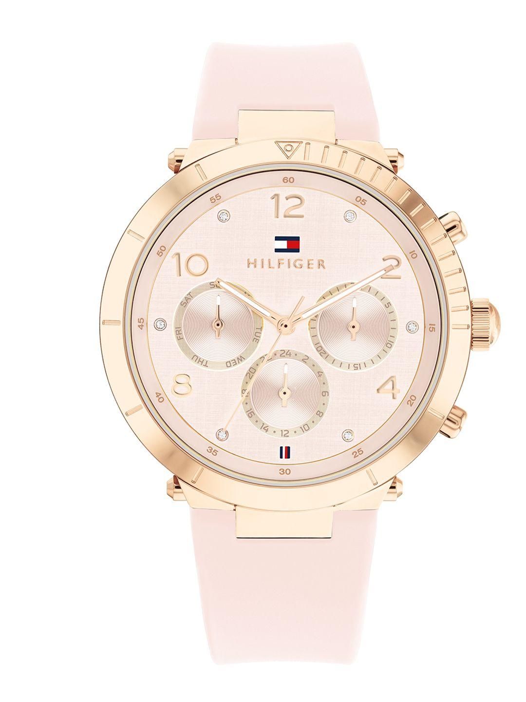 tommy hilfiger women pink dial & rose gold toned leather straps analogue chronograph watch