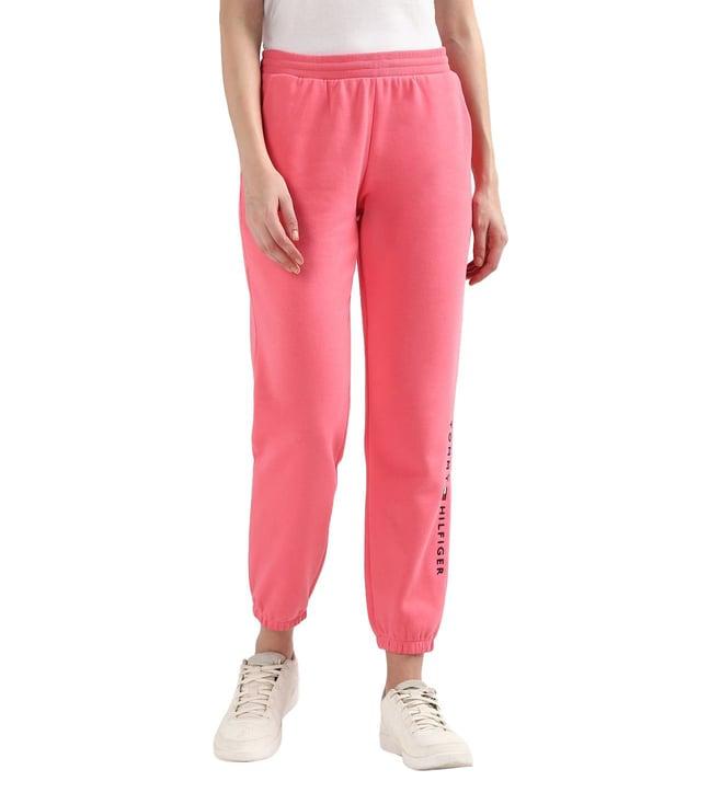 tommy hilfiger women pink solid regular fit mid-rise trackpants