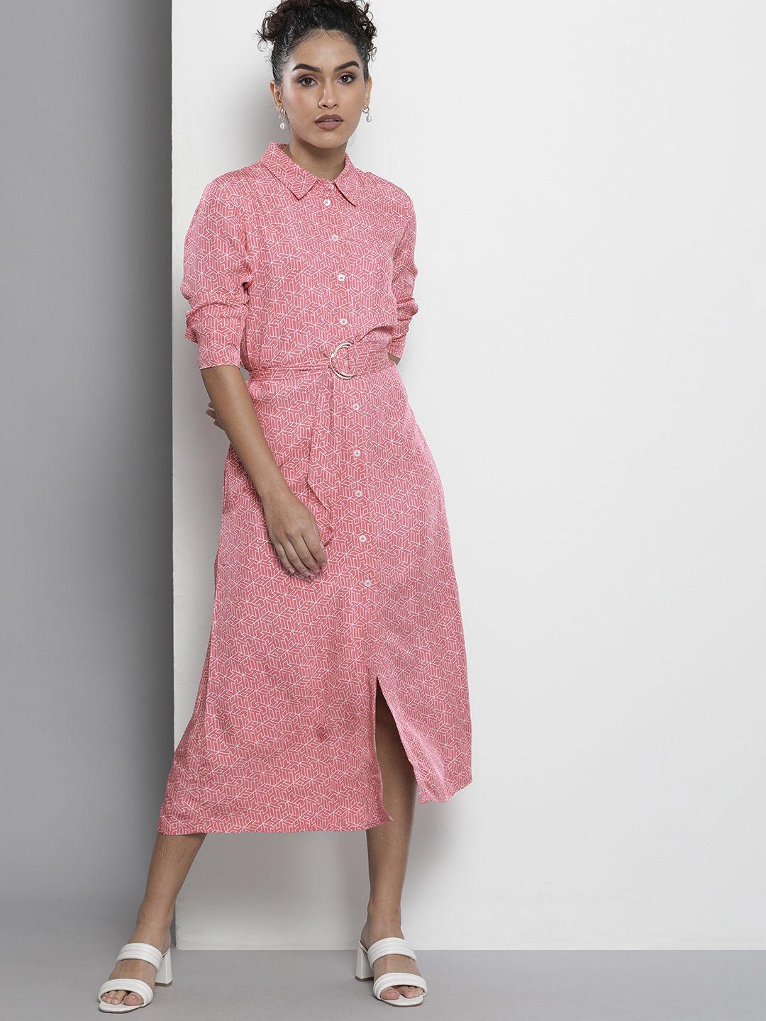 tommy hilfiger women pink solid shirt midi dress