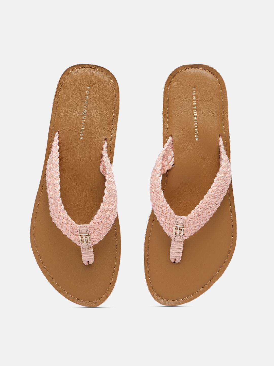 tommy hilfiger women pink woven design thong flip-flops