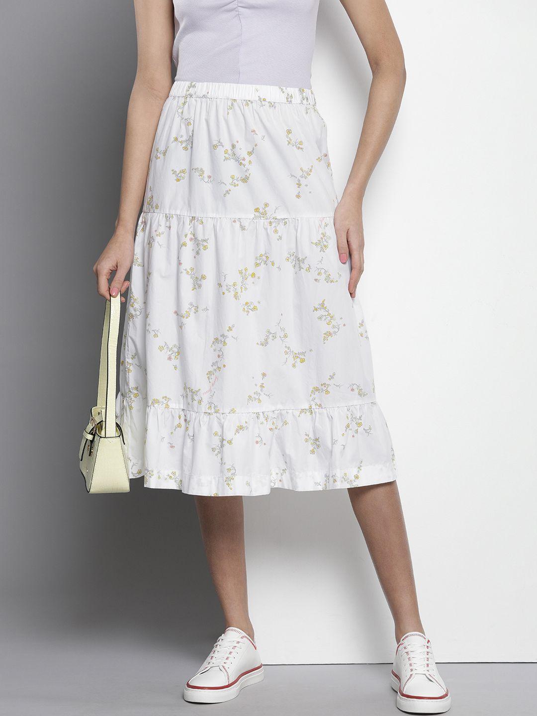 tommy hilfiger women pure cotton floral printed tiered a-line midi skirt