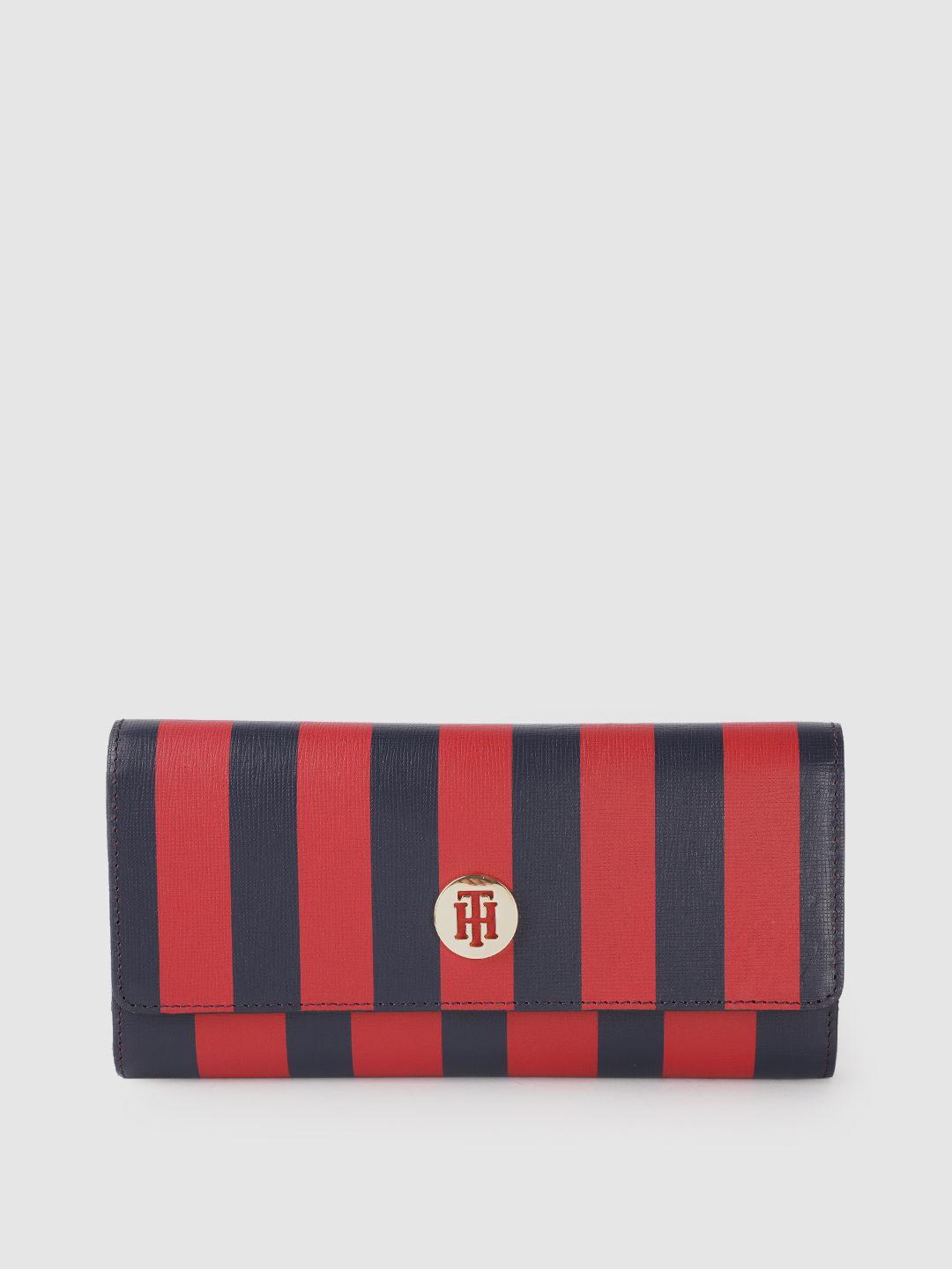 tommy hilfiger women red & black striped leather two fold wallet