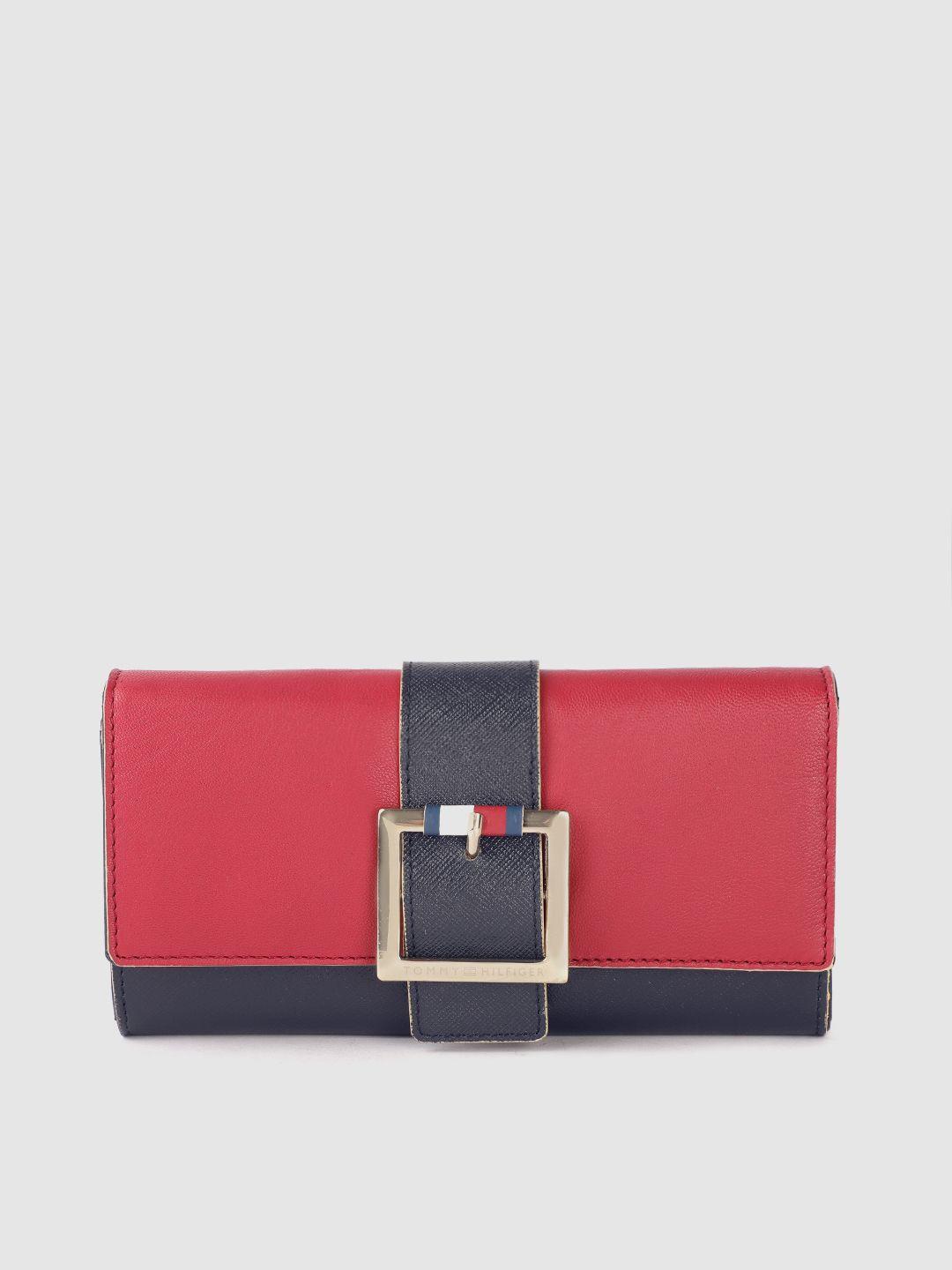 tommy hilfiger women red & navy blue colourblocked leather two fold wallet