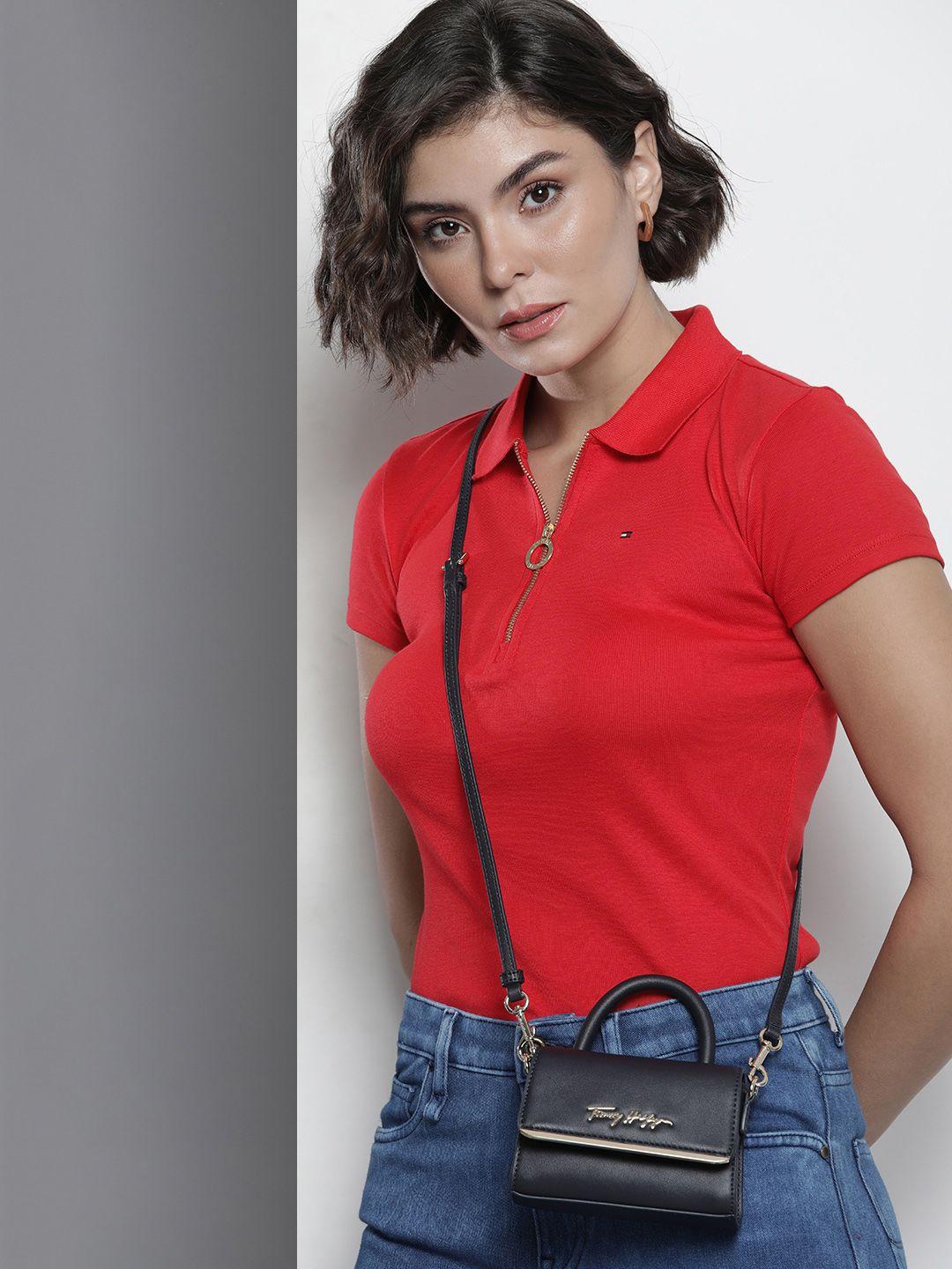 tommy hilfiger women red polo collar pure cotton slim fit t-shirt