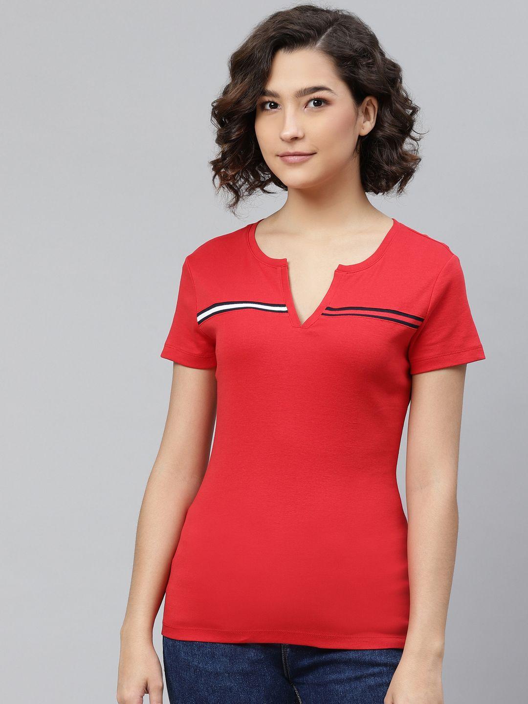 tommy hilfiger women red solid round neck pure cotton t-shirt