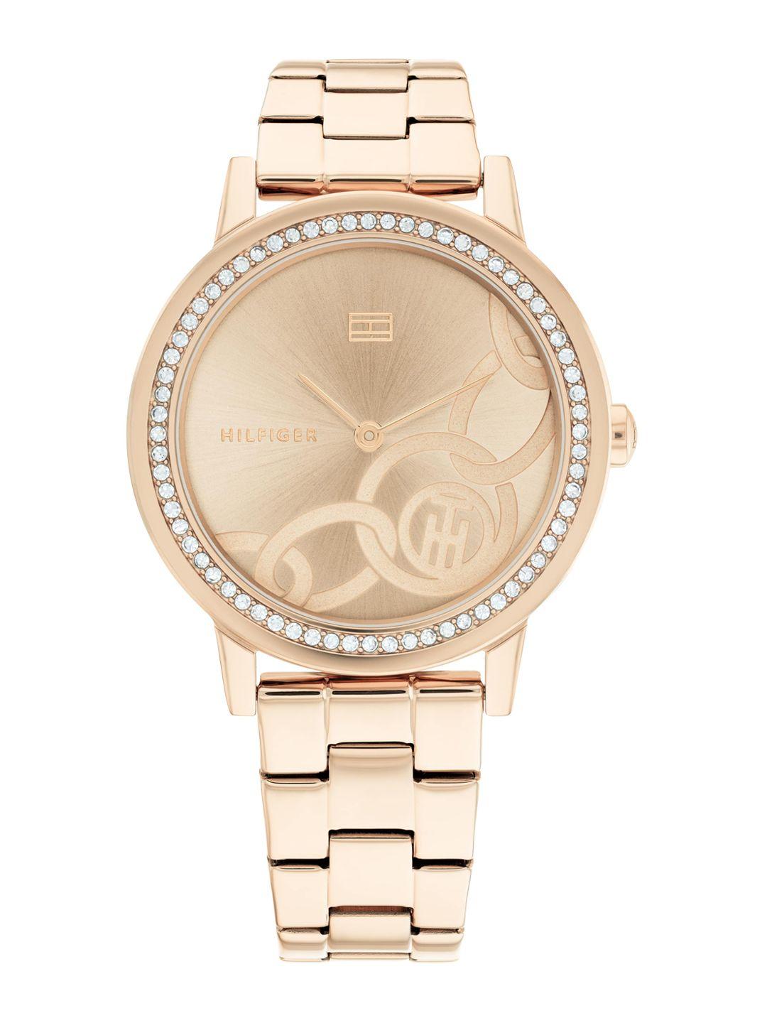 tommy hilfiger women rose gold-toned dial & gold toned stainless steel bracelet style straps analogue watch