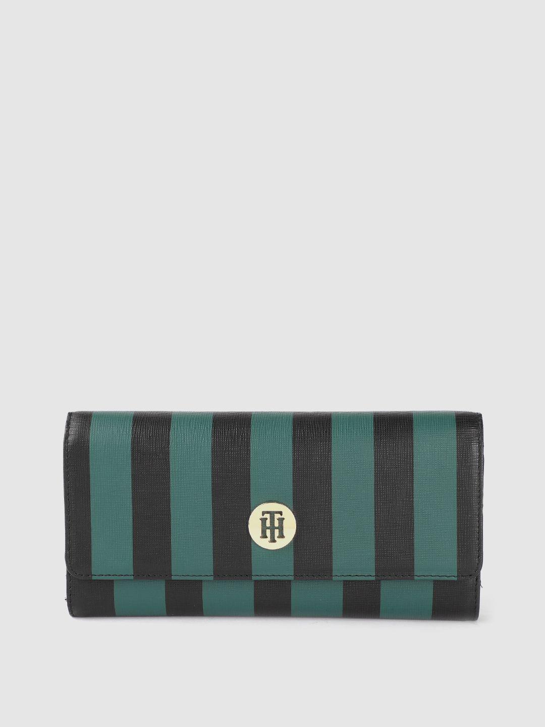 tommy hilfiger women teal & black striped leather two fold wallet