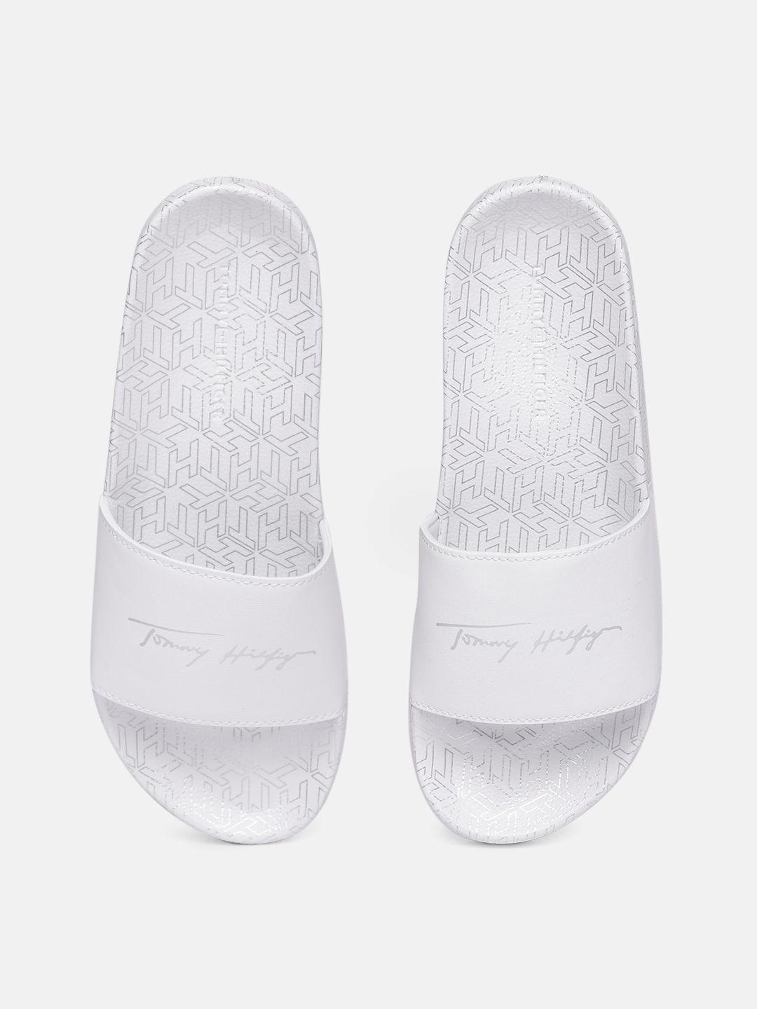 tommy hilfiger women white & metallic silver-toned brand logo print pool sliders