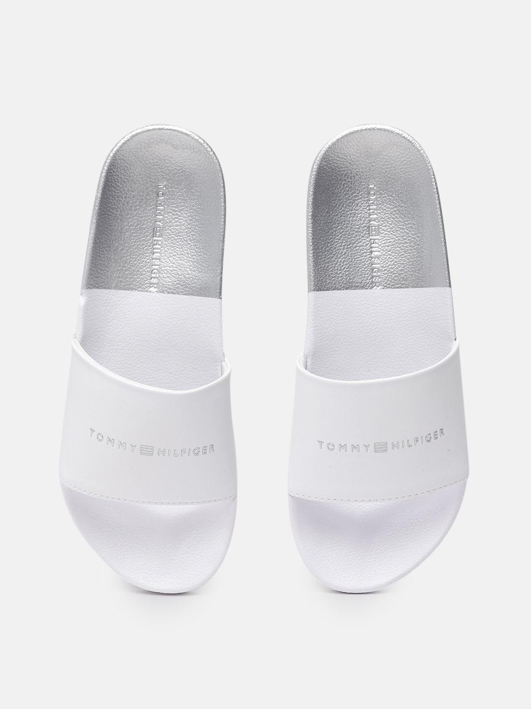 tommy hilfiger women white brand logo printed sliders