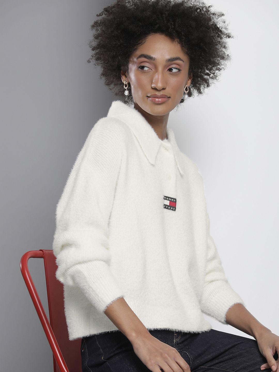 tommy hilfiger women white lapel collar solid pullover with brand logo embroidered detail