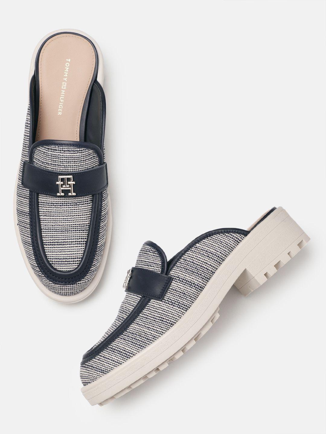 tommy hilfiger women woven textured block mules with brand logo buckle detail