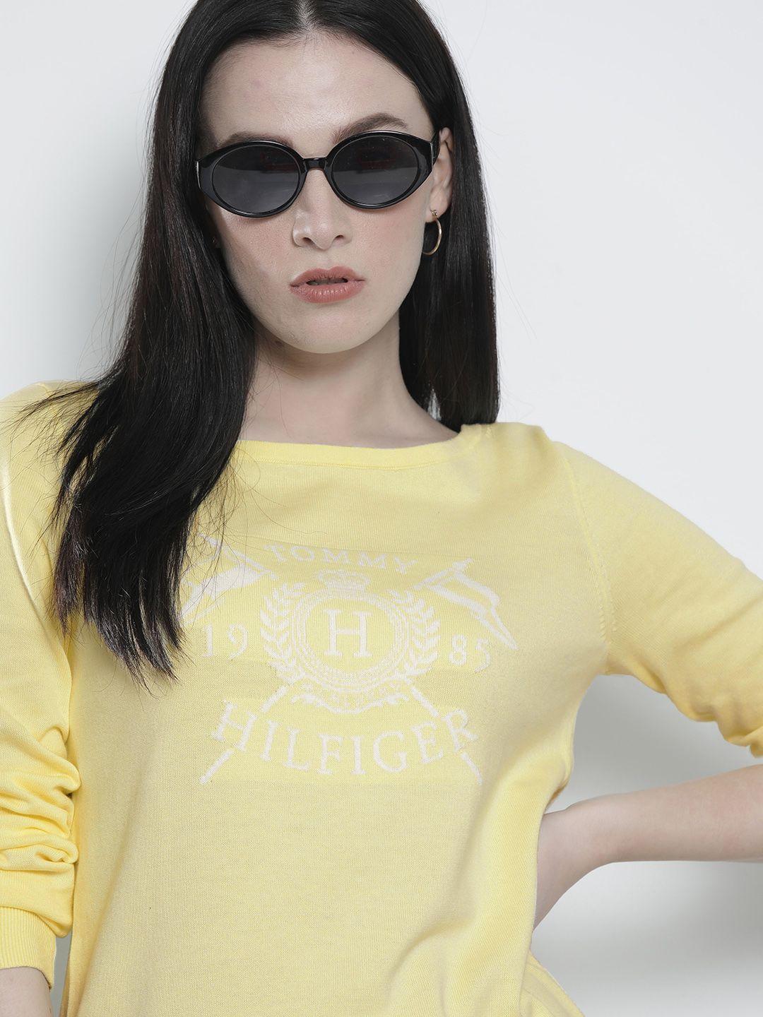 tommy hilfiger women yellow & white woven design pullover