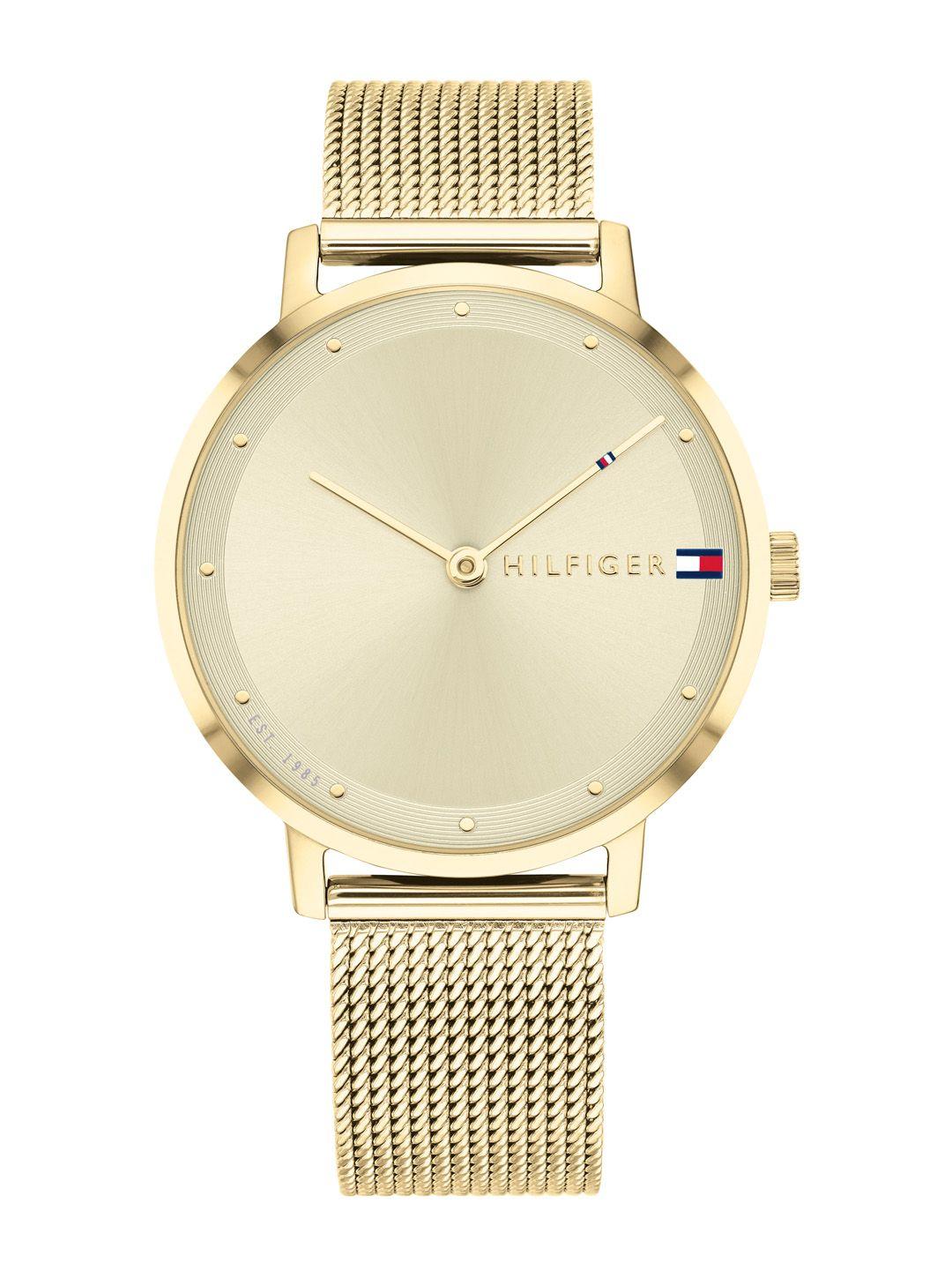 tommy hilfiger women yellow embellished dial & gold toned stainless steel bracelet style straps analogue watch