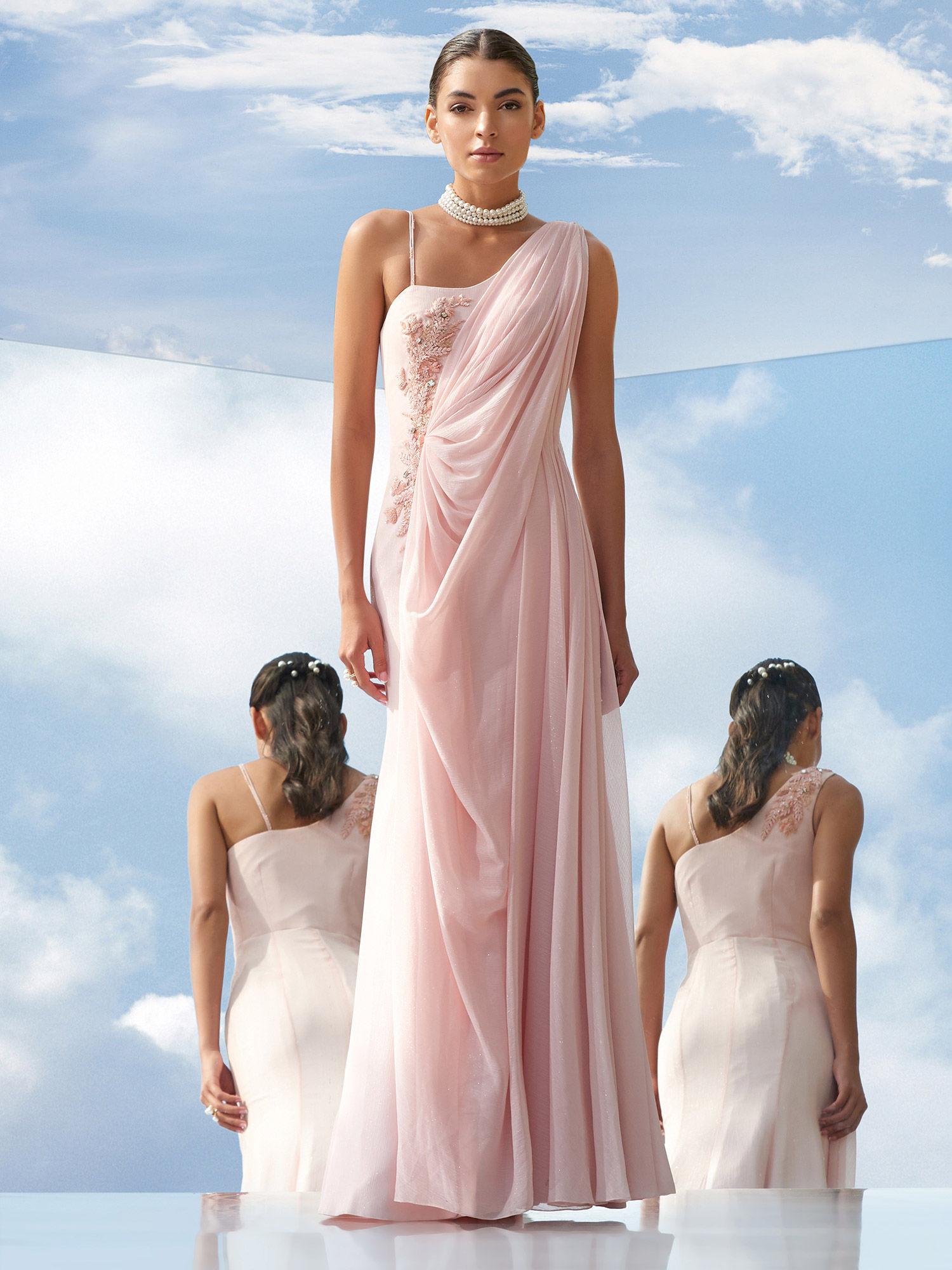 tonal tune-desire embroidered peach drape gown