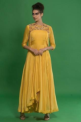 tonic yellow asymmetrical gown with jacket