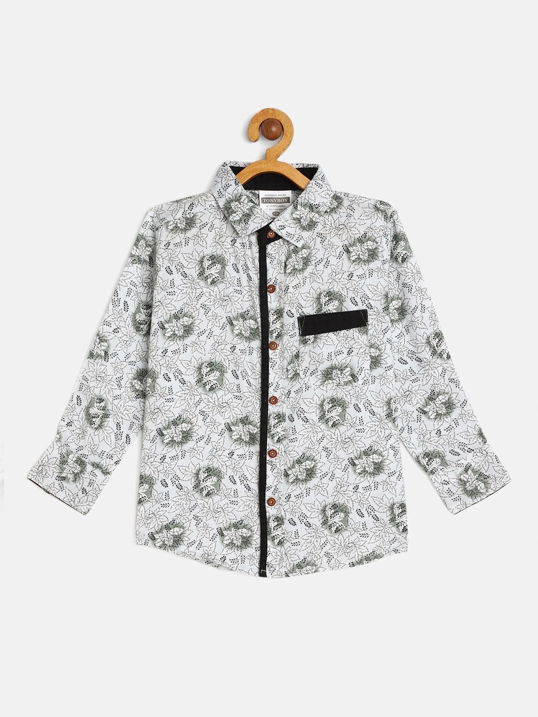 tonyboy boys off-white & green printed regular fit pure cotton casual shirt